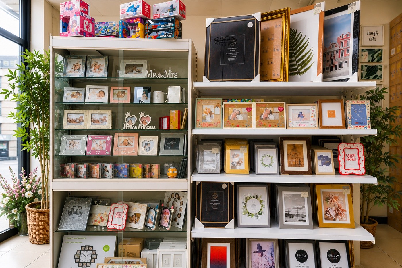 Inside PHOTO 4 PRINT in Barking, shelves of photo frames, mugs and personalised gifts
